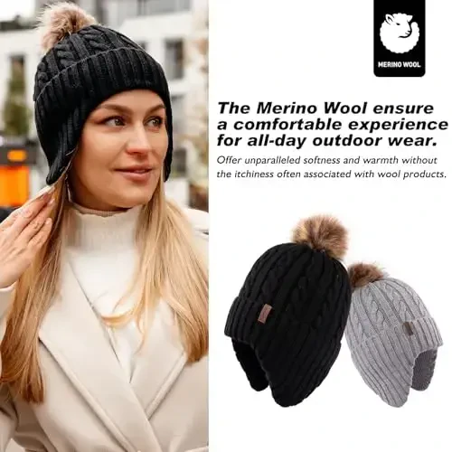 Comhats Warm Wool Fleece Lined Ear Flap Detachable Pompom Beanies Gifts Cold Weather for Women - 3