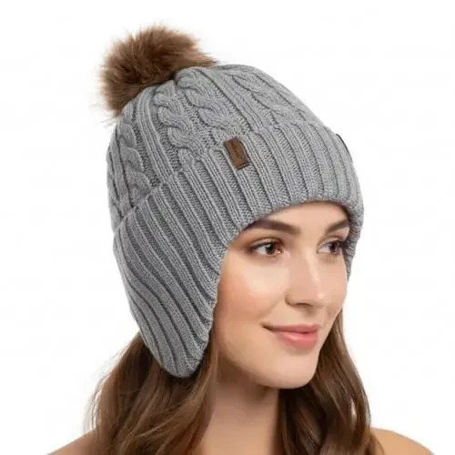 Comhats Warm Wool Fleece Lined Ear Flap Detachable Pompom Beanies Gifts Cold Weather for Women 