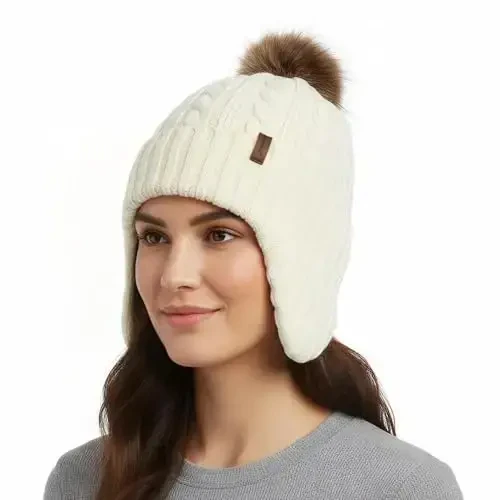 Comhats Warm Wool Fleece Lined Ear Flap Detachable Pompom Beanies Gifts Cold Weather for Women - COMHATS