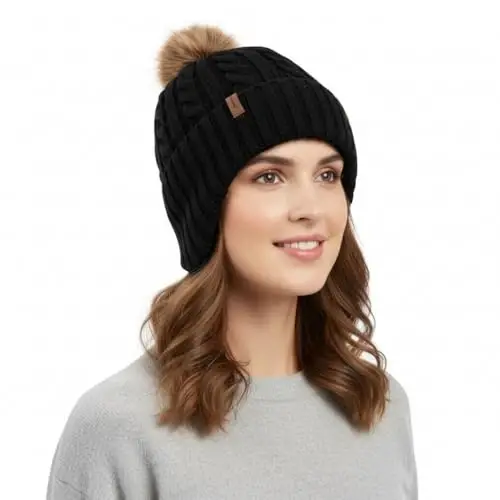 Comhats Warm Wool Fleece Lined Ear Flap Detachable Pompom Beanies Gifts Cold Weather for Women 