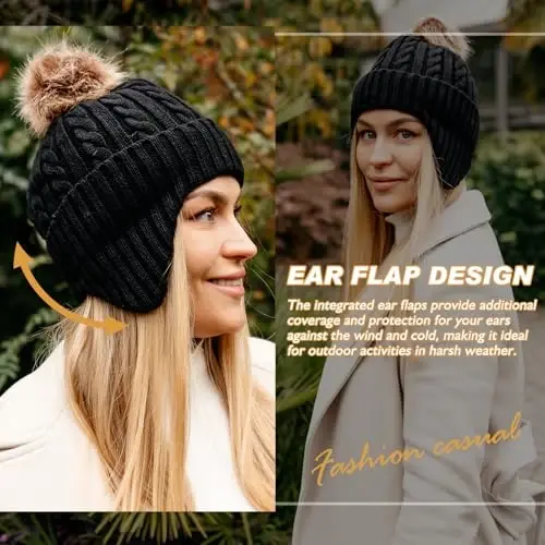 Comhats Warm Wool Fleece Lined Ear Flap Detachable Pompom Beanies Gifts Cold Weather for Women - 4