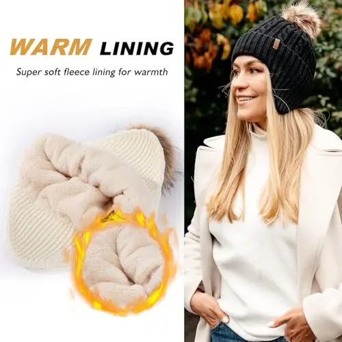 Comhats Warm Wool Fleece Lined Ear Flap Detachable Pompom Beanies Gifts Cold Weather for Women - 5