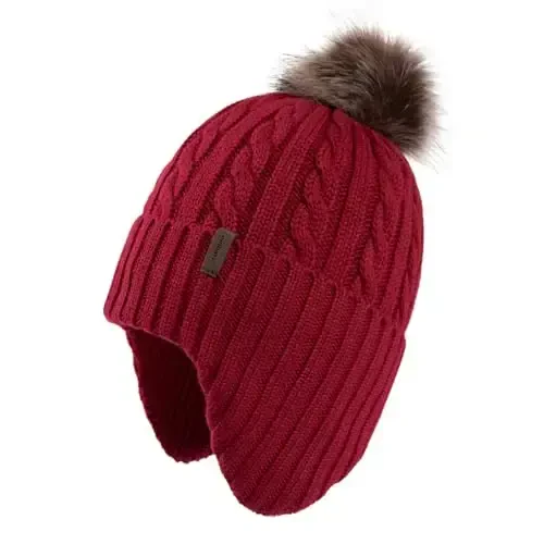 Comhats Winter Peruvian Knitted Beanie Hats for Women Pompom Merino Wool Ear Flaps Fleece Lined Cold Weather Ski Running - Modazone