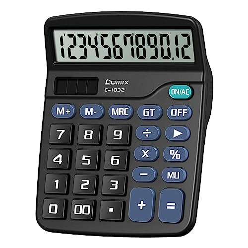 Comix Desktop Calculator 12 Digit with Large LCD Display and Big Button, 12 Digits Baisc Calculator, Solar Battery Dual Powered, for Office Home School C-1832 (Black) - 1