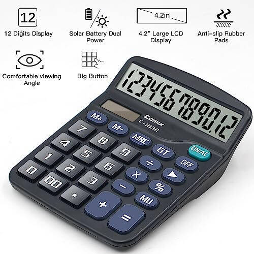 Comix Desktop Calculator 12 Digit with Large LCD Display and Big Button, 12 Digits Baisc Calculator, Solar Battery Dual Powered, for Office Home School C-1832 (Black) - 2