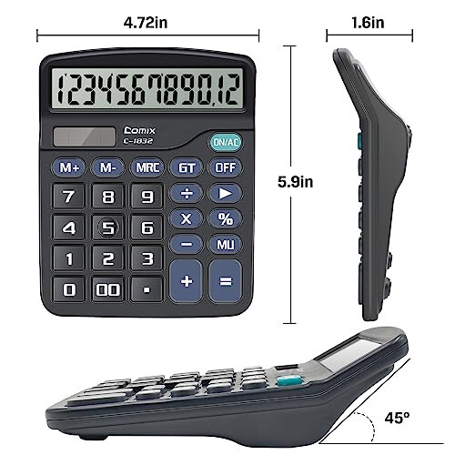 Comix Desktop Calculator 12 Digit with Large LCD Display and Big Button, 12 Digits Baisc Calculator, Solar Battery Dual Powered, for Office Home School C-1832 (Black) - 3