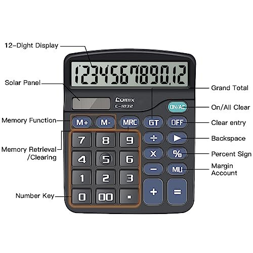 Comix Desktop Calculator 12 Digit with Large LCD Display and Big Button, 12 Digits Baisc Calculator, Solar Battery Dual Powered, for Office Home School C-1832 (Black) - 4