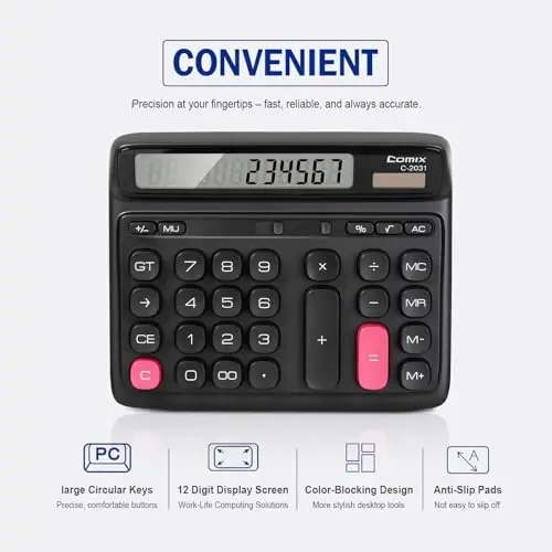 Comix Desktop Calculator Katta LCD displeyli va Katta tugmachali 12 xonali kalkulyator, 12 xonali Baisc kalkulyator, Quyosh batareyasi bilan ikki tomonlama quvvatlanadi, Ofis uy maktabi uchun C-1832(Yashil) - 6