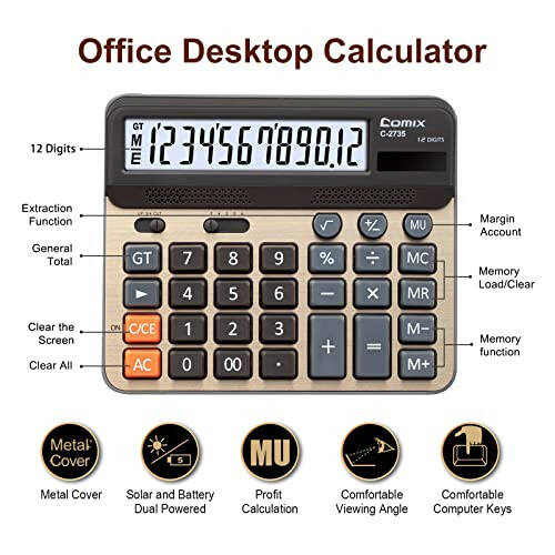 Comix Desktop Calculator, Large Computer Keys, 12 Digits Display, Champaign Gold Color Panel, C-2735 - 2