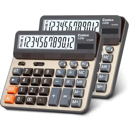 Comix Desktop Calculator, Large Computer Keys, 12 Digits Display, Champaign Gold Color Panel, C-2735, 2-Pack - COMIX