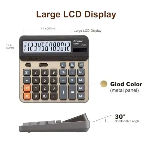 Comix Desktop Calculator, Large Computer Keys, 12 Digits Display, Champaign Gold Color Panel, C-2735, 2-Pack - 3