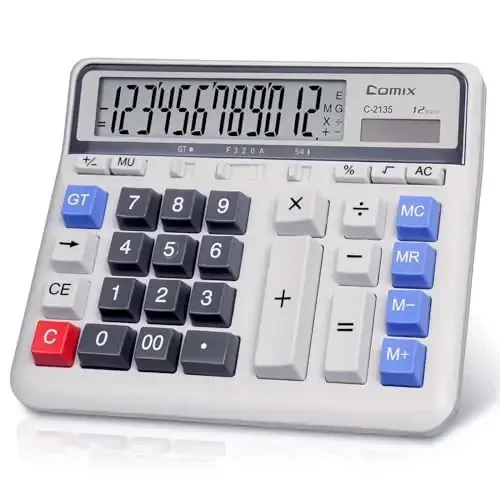 Comix Desktop Calculator Solar Battery Dual Power with 12-Digit Large LCD Display and Large Computer Keys Standard Function Calculator for Home Office School, White - 1
