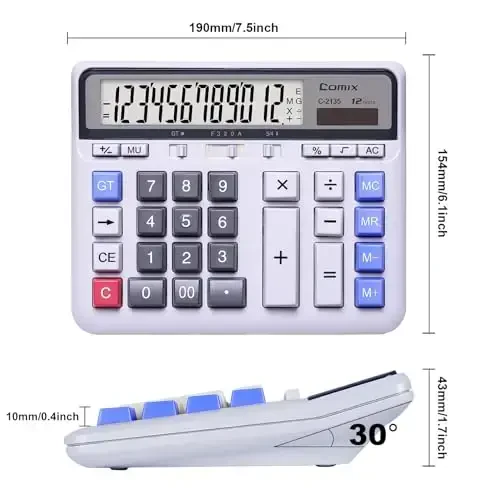 Comix Desktop Calculator Solar Battery Dual Power with 12-Digit Large LCD Display and Large Computer Keys Standard Function Calculator for Home Office School, White - 3