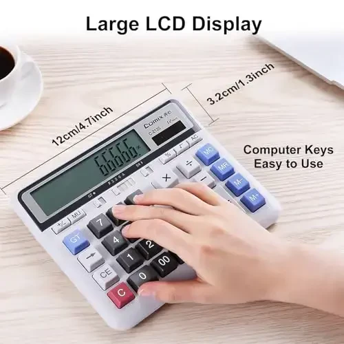 Comix Desktop Calculator Solar Battery Dual Power with 12-Digit Large LCD Display and Large Computer Keys Standard Function Calculator for Home Office School, White - 4