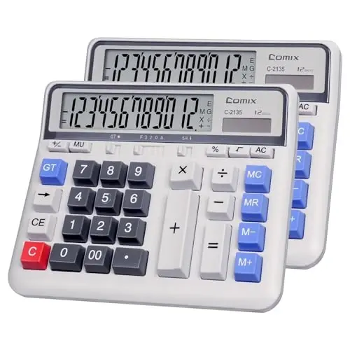 Comix Desktop Calculator Solar Battery Dual Power with 12-Digit Large LCD Display and Large Computer Keys Standard Function Calculator for Home Office School, White(2 Pack) - 1