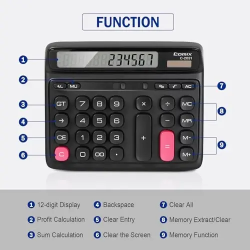 Comix Desk Calculator with 12 Digits Large LCD Display, Solar Battery Dual Power, Large Computer Keys Basic Calculator for Home Office School - 4