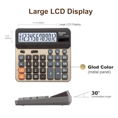 Comix Desktop Calculator, Large Computer Keys, 12 Digits Display, Champaign Gold Color Panel, C-2735, 2-Pack - 3