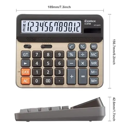 Comix Desktop Calculator, Large Computer Keys, 12 Digits Display, Champaign Gold Color Panel, C-2735, 2-Pack - 6