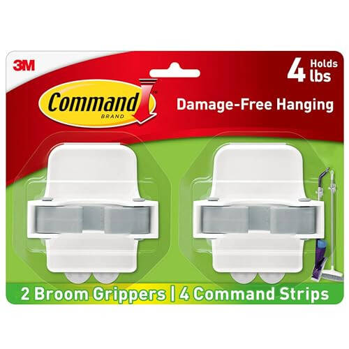 Command Broom and Mop Grippers, 2 Hangers and 4 Command Strips, Damage-Free Hanging Wall Mount Broom and Mop Holder, Household Cleaning Organizer for Organization and Storage, Holds up to 4 lb - 1