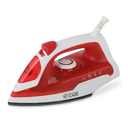 COMMERCIAL CARE Steam Iron, 1200 Watt Portable Iron, Self-Cleaning Steamer for Clothes with Nonstick Soleplate, Red - COMMERCIAL CARE