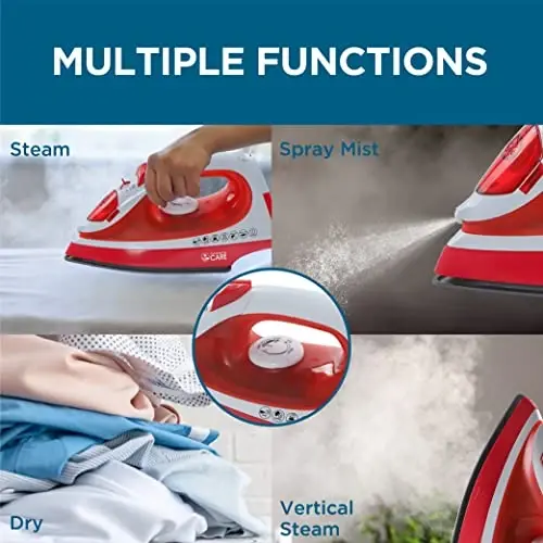 Commercial Care CCSI300 Steam Iron with 7.4 Ounce Water Tank, 1200 Watts, Comfort Grip,Red - 3