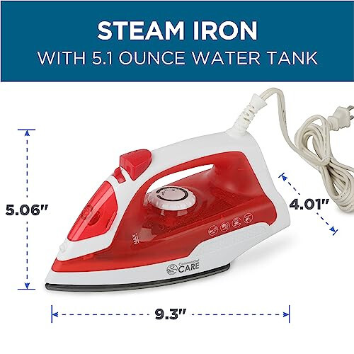 COMMERCIAL CARE Steam Iron, 1200 Watt Portable Iron, Self-Cleaning Steamer for Clothes with Nonstick Soleplate, Red - 2