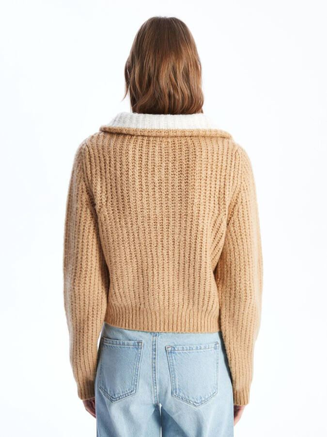 Como - Zippered Stand Collar Relaxed Fit Thick Knit Sweater - Camel Color - 10