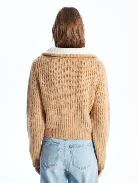 Como - Zippered Stand Collar Relaxed Fit Thick Knit Sweater - Camel Color - 5