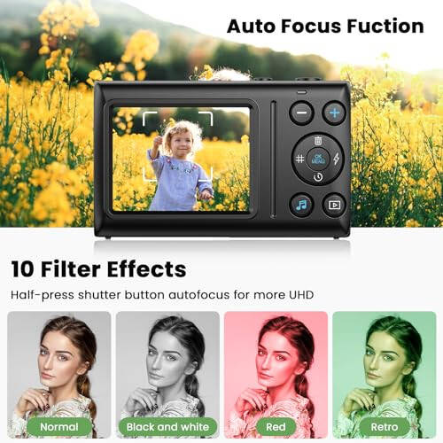 Compact vlog camera with 64MP resolution, 32GB card, 18x zoom, 2 batteries and auto focus for beginner students, teenagers and kids. - 3