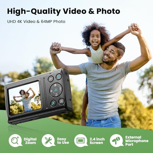 Compact vlog camera with 64MP resolution, 32GB card, 18x zoom, 2 batteries and auto focus for beginner students, teenagers and kids. - 4