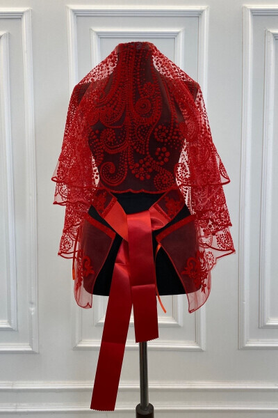 Complete Red Sequined Swarovski Patterned Bridal Veil Set, Henna Veil 