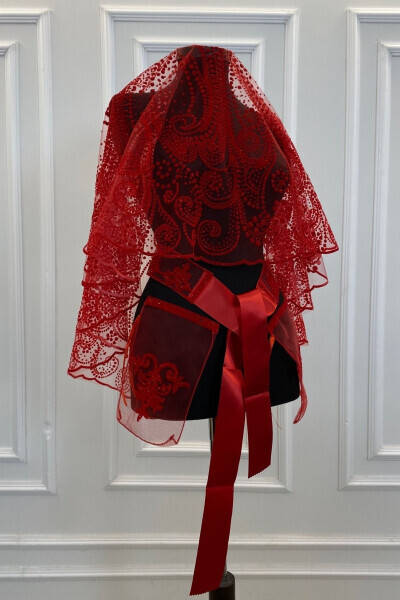Complete Red Sequined Swarovski Patterned Bridal Veil Set, Henna Veil - ZEYMERADE (1)