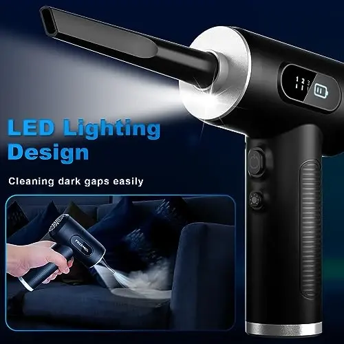Compressed Air Duster-3 Gear Adjustable 100000RPM Electric Air Duster with LED Light, Rechargeable Cordless Air Blower for Keyboard Electric Devices Cleaning. Replaces Compressed Air Cans (Black) - 3