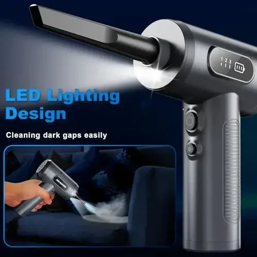 Compressed Air Duster-3 Gear Adjustable 100000RPM Electric Air Duster with LED Light, Rechargeable Cordless Air Blower for Keyboard Electric Devices Cleaning. Replaces Compressed Air Cans (Grey) - 3