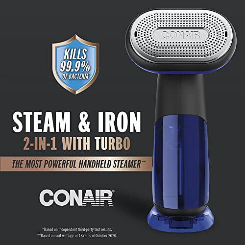 Conair 2-da-1 Qo'l Bug'lash Mashinasi va Kiyim uchun Temir, Turbo ExtremeSteam 1875W Kiyim Bug'lash Mashinasi va Kiyim uchun Temir, Qora / Ko'k - 2