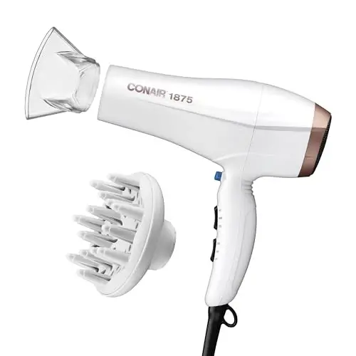 Conair Double Ceramic Hair Dryer, 1875W Blow Dryer with Diffuser and Concentrator, Ionic Conditioning, 3 Heat & 2 Speed Settings,ModazoneExclusive, White - 1