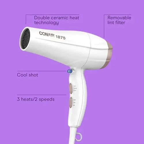 Conair Double Ceramic Hair Dryer, 1875W Blow Dryer with Diffuser and Concentrator, Ionic Conditioning, 3 Heat & 2 Speed Settings,ModazoneExclusive, White - 2