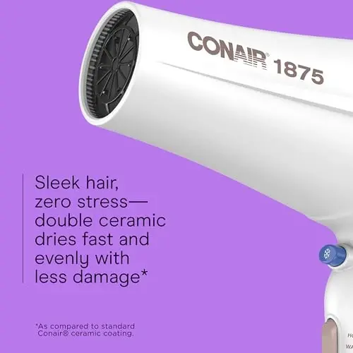 Conair Double Ceramic Hair Dryer, 1875W Blow Dryer with Diffuser and Concentrator, Ionic Conditioning, 3 Heat & 2 Speed Settings,ModazoneExclusive, White - 3