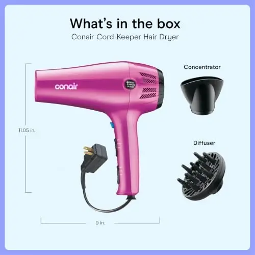 Conair Hair Dryer with Diffuser and Concentrator, 1875W, Pink | Blow dryer with ionic tourmaline technology, 3 heat settings, and 2 speed options to efficiently style all hair types - 3