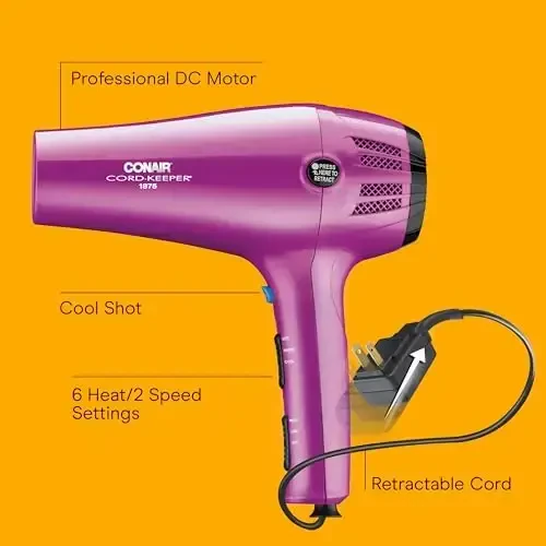 Conair Hair Dryer with Retractable Cord, 1875W Blow Dryer, 3 Heat Settings, 2 Speeds, Blow Dryer with Diffuser and Concentrator AttacModazoneents, Ionic + Tourmaline Technology, Pink - MODAZONE (1)
