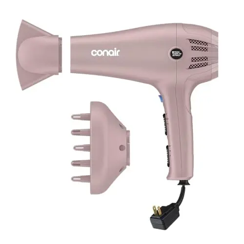 Conair Hair Dryer with Diffuser & Concentrator, 1875W, Matte Light Pink | Blow dryer with ionic tourmaline technology, 3 heat settings, and 2 speed options to efficiently style all hair types - 1