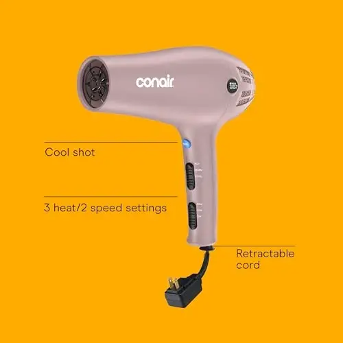 Conair Hair Dryer with Diffuser & Concentrator, 1875W, Matte Light Pink | Blow dryer with ionic tourmaline technology, 3 heat settings, and 2 speed options to efficiently style all hair types - CONAIR (1)