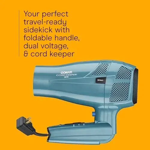 Conair Hair Dryer with Folding Handle and Ret retractable Cord, 1875W Travel Hair Dryer, Conair Blow Dryer - 3