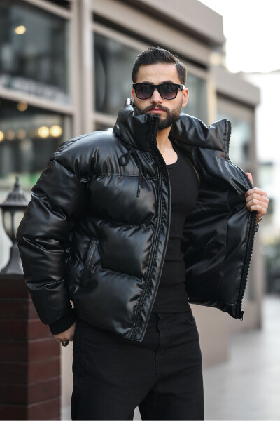 Concealable Hooded Men's Puffy Shiny Leather Jacket - 4