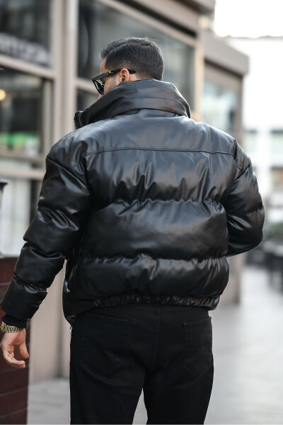 Concealable Hooded Men's Puffy Shiny Leather Jacket - 5