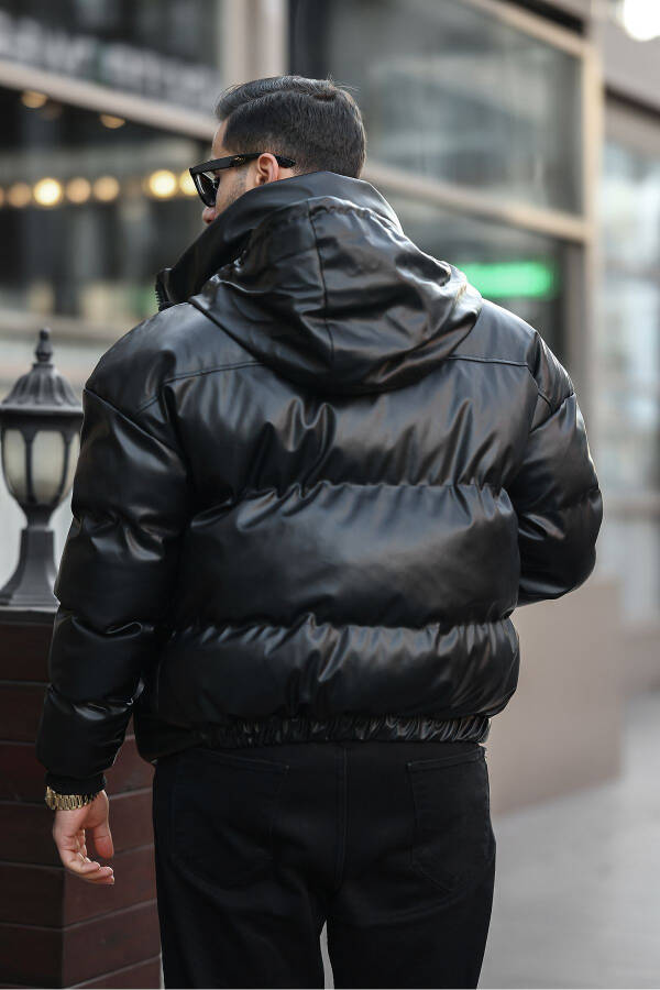 Concealable Hooded Men's Puffy Shiny Leather Jacket - 6