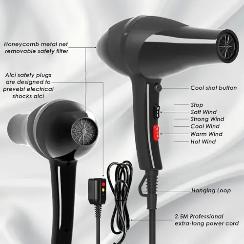 Conhaze Hair Dryer, Professional Ionic Blow Dryer with Diffuser for Curly Hair,2400W Powerful Fast Drying Hairdryer Blowdryer for Women Men Home Salon Hair Styling,Constant Temp Low Noise - 5