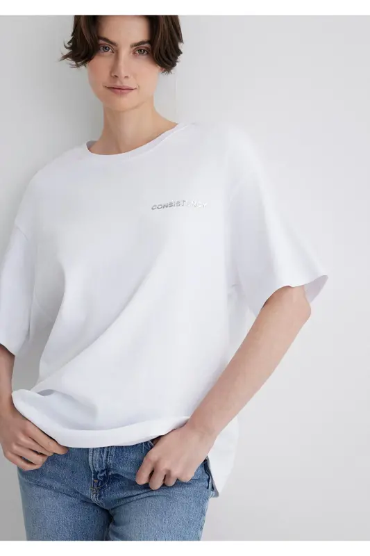 Consistency Baskılı Beyaz Tişört Oversize / Geniş Kesim 1612756-620 - 1