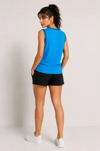 Contrast Bound Sleeveless Crew Neck Summer Basic Tank Top - Turquoise - 3