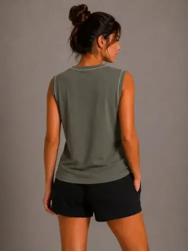 Contrast Bound Sleeveless Tank Top Crew Neck Summer Basic Tank Top - Khaki - 2